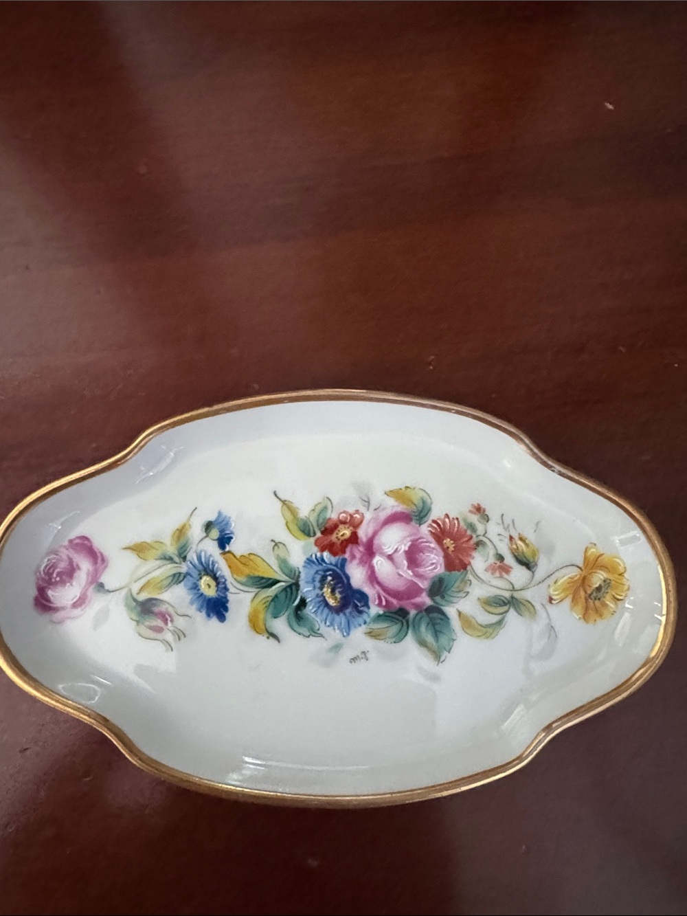 Floral Porcelain Trinket Dish with Gold Rim Limoges France
